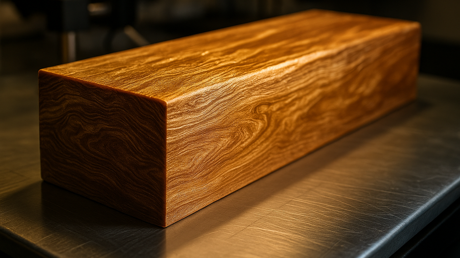 detail superdreva – lesklá, hladká textúra lisovaného dreva, v laboratórnom prostredí, svetlo dopadá na štruktúru materiálu