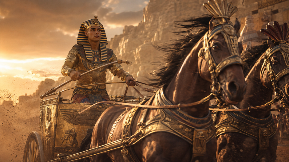 Rekonštrukcia mladého faraóna Tutanchamóna na rýchlo idúcom bojovom voze v starovekom Egypte.