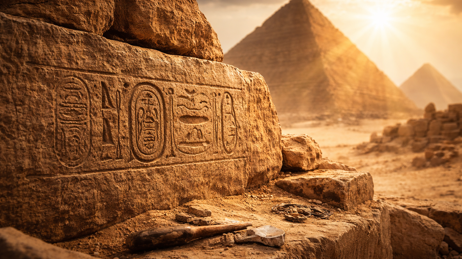 Detail kamenného nápisu na egyptskej pyramíde, ktorý mení historické datovanie