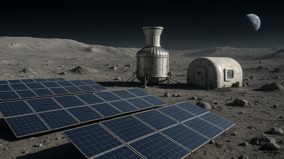 Realistická vizualizácia jadrovej elektrárne a lunárnej základne na povrchu Mesiaca so solárnymi panelmi a Zemou v pozadí.