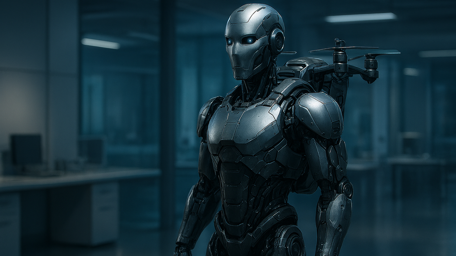 humanoidný robot Caltech X1 s dronom na chrbte počas testov v laboratóriu