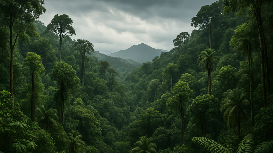 Hustý tropický prales v Peru s hmlou nad korunami stromov a dramatickou oblohou.   1/2