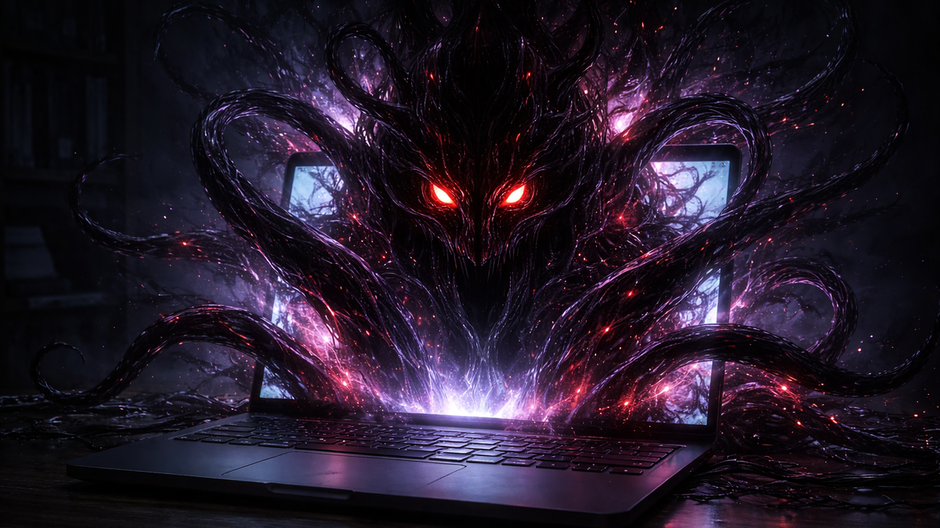 Zlovestná abstraktná entita s chápadlami vychádzajúca z notebooku ako metafora nepredvídateľnej umelej inteligencie