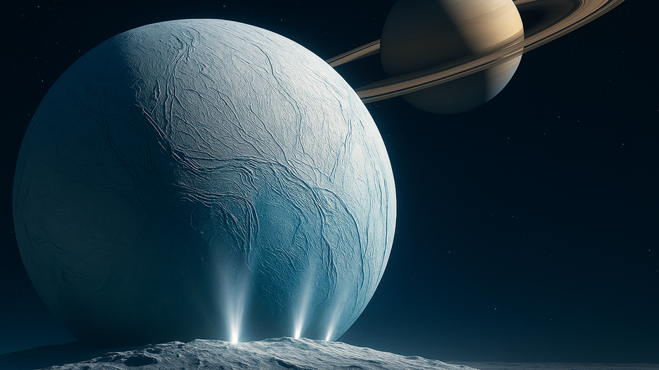 Ľadový povrch mesiaca Enceladus s výtryskami vody zachytenými sondou Cassini