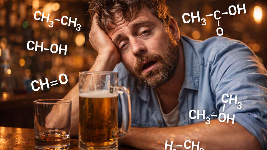 Muž s príznakmi intoxikácie v bare, ilustrujúci stav, pri ktorom telo vytvára alkohol bez jeho pitia