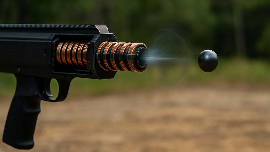 Fotorealistický záber elektromagnetickej zbrane coilgun s guľovým projektilom v lete a viditeľnými vzdušnými vlnami, bez výbuchu