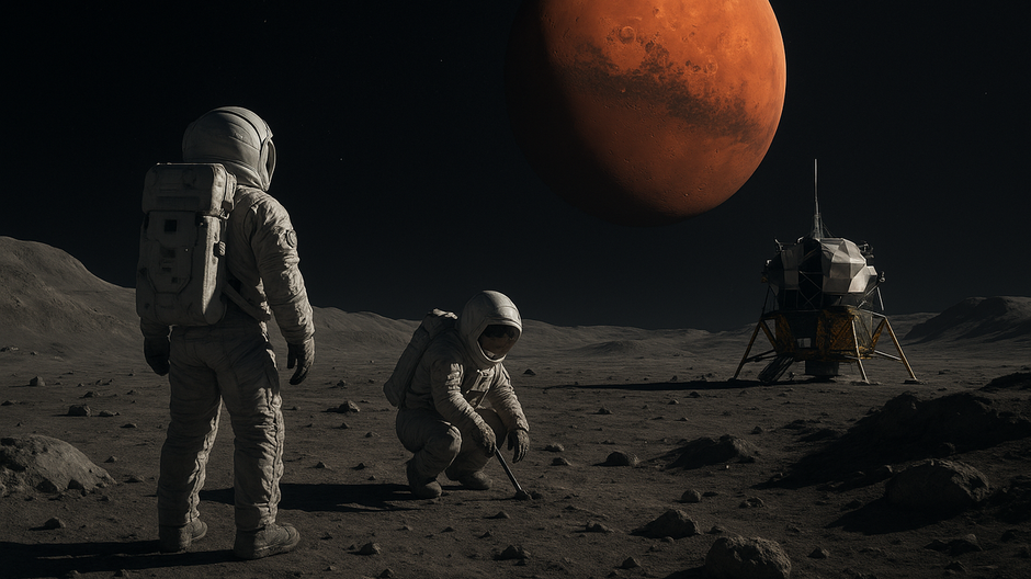 Vizualizácia astronautov programu Artemis na Mesiaci, odkiaľ sa pripravuje prvá ľudská misia na Mars