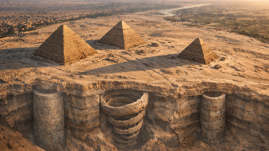 Satelitný pohľad na Gízsku plošinu pri úsvite s tromi pyramídami a naznačenými masívnymi podzemnými šachtami pod pieskom, vedecká vizualizácia v dokumentárnom štýle.