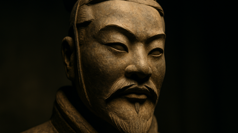 Detailný záber kamennej sochy starovekého čínskeho cisára v dramatickom bočnom svetle