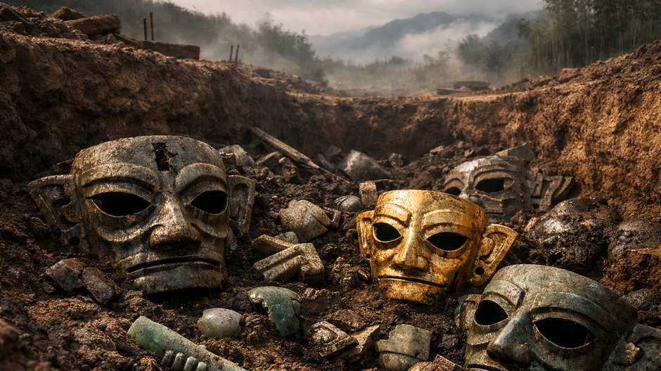 Archeologická vykopávka v Sanxingdui v juhozápadnej Číne s bronzovými a zlatými rituálnymi maskami s dutými očami, čiastočne odkrytými z tmavej pôdy, v hmlistej krajine provincie S’-čchuan