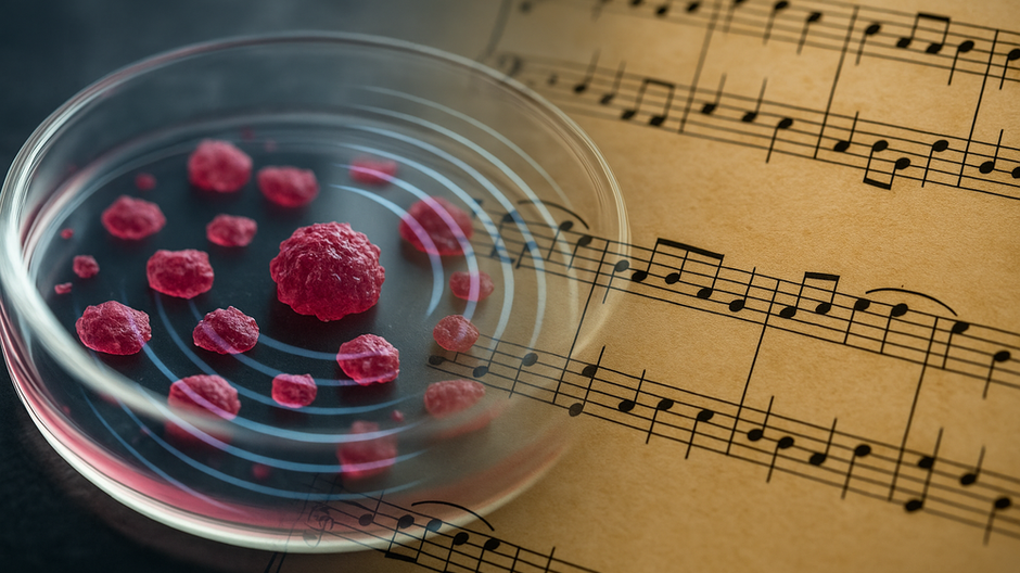 Rakovinové bunky v petriho miske obklopené zvukovými vlnami, v pozadí notový zápis klasickej hudby.