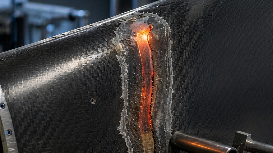 Poškodený kompozitný panel s uhlíkovými vláknami sa v laboratóriu zaceluje pomocou tepla