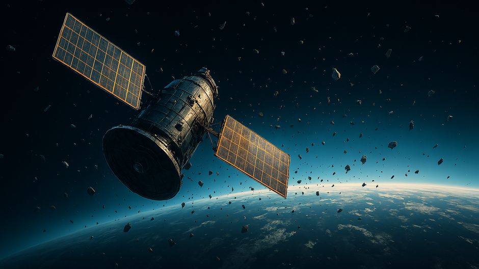 Digital illustration of a Chinese satellite in Earth orbit surrounded by space debris.