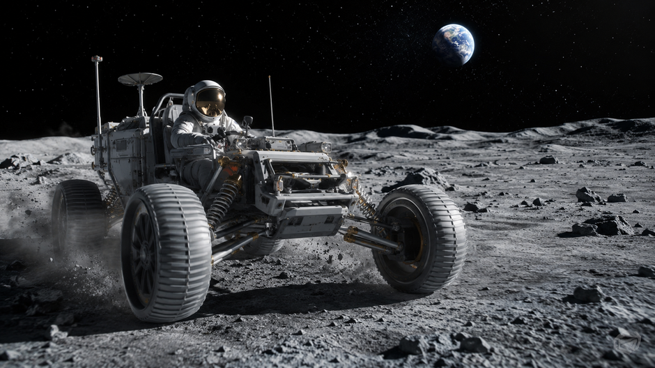 Moderný lunárny rover pohybujúci sa po povrchu Mesiaca s planétou Zem na horizonte.