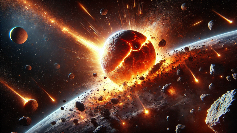 umelecké zobrazenie zrážky pra-Zeme s planétou Theia, z ktorej vznikol Mesiac