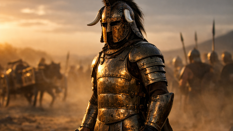 Rekonštrukcia mykénskeho bojovníka v bronzovom brnení z Dendry počas simulácie boja v štýle dokumentárnej fotografie.