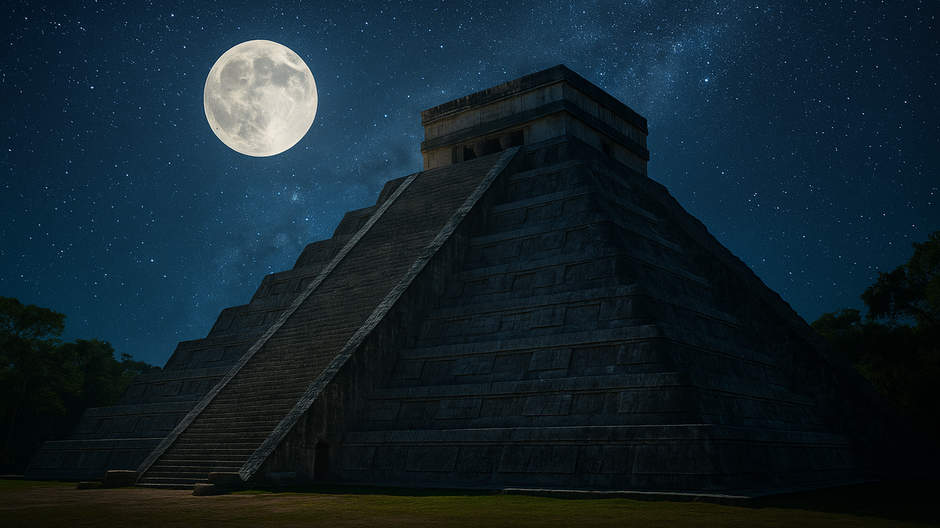 Nočný pohľad na mayskú pyramídu osvetlenú mesiacom