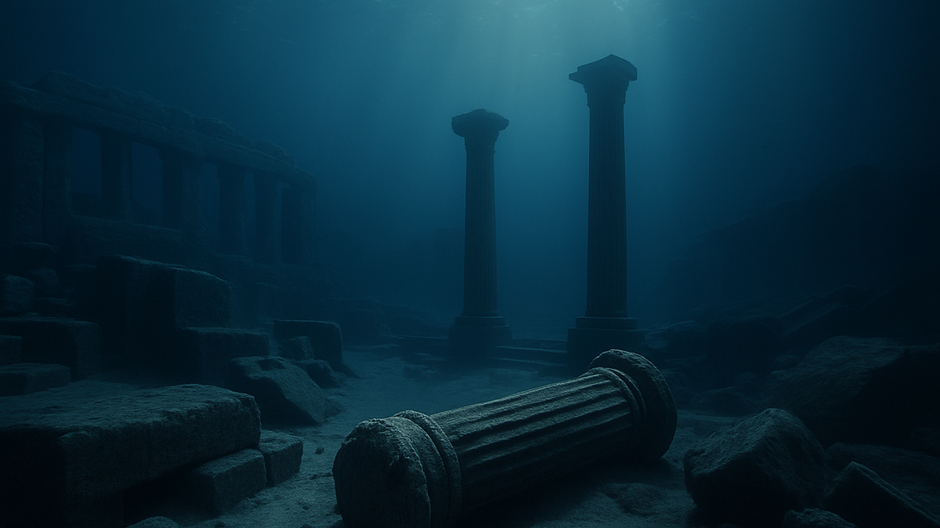 Podmorská scéna s veľkými kamennými ruinami zaliatými modrým svetlom.