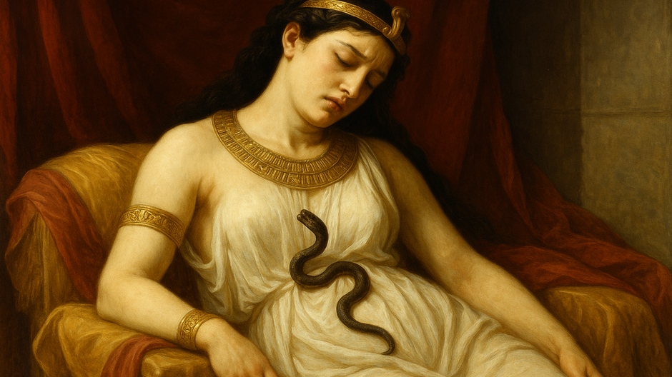 Olejomaľba zobrazujúca Kleopatru v posledných chvíľach života, sediacu na tróne v bielom rúchu so zlatými šperkami a hadom na hrudi, s výrazom pokojného smútku.