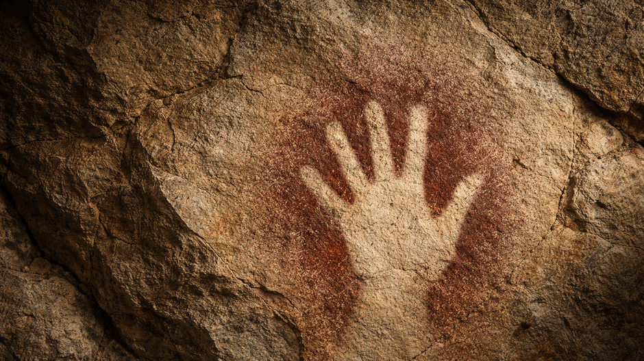 Prehistorický odtlačok ľudskej ruky na skalnej stene paleolitickej jaskyne