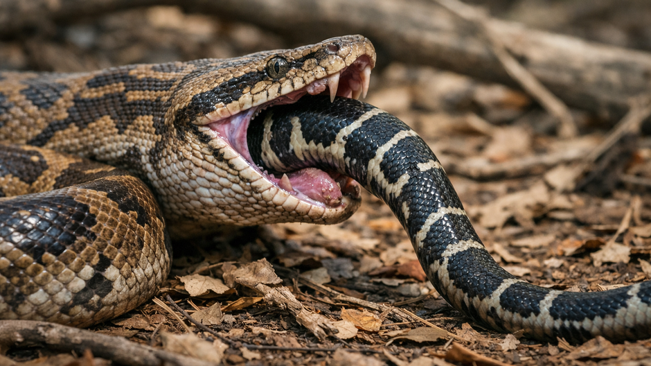 Veľký had s roztiahnutými čeľusťami prehĺta menšieho hada na suchej lesnej pôde pokrytej lístím, detail šupín a napätého postoja v prirodzenom dennom svetle.