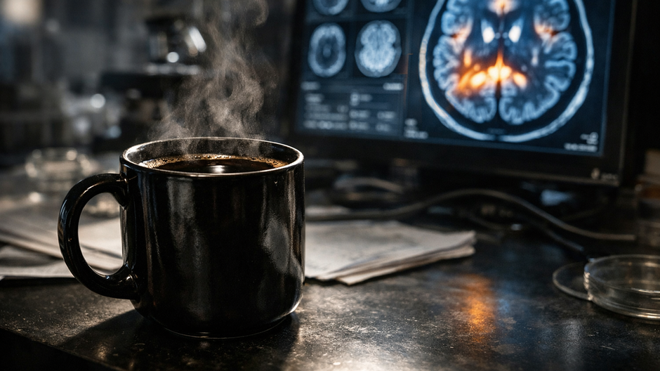 Šálka kávy pred monitorom s vizualizáciou mozgu počas vedeckého výskumu pamäti