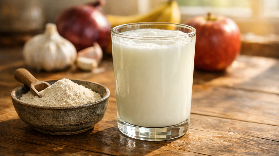 Pohár čerstvého kefíru na drevenom kuchynskom stole vedľa misky s prebiotickou vlákninou, v pozadí rozostrený cesnak, červená cibuľa, banán a jablko, zaliate teplým ranným svetlom.