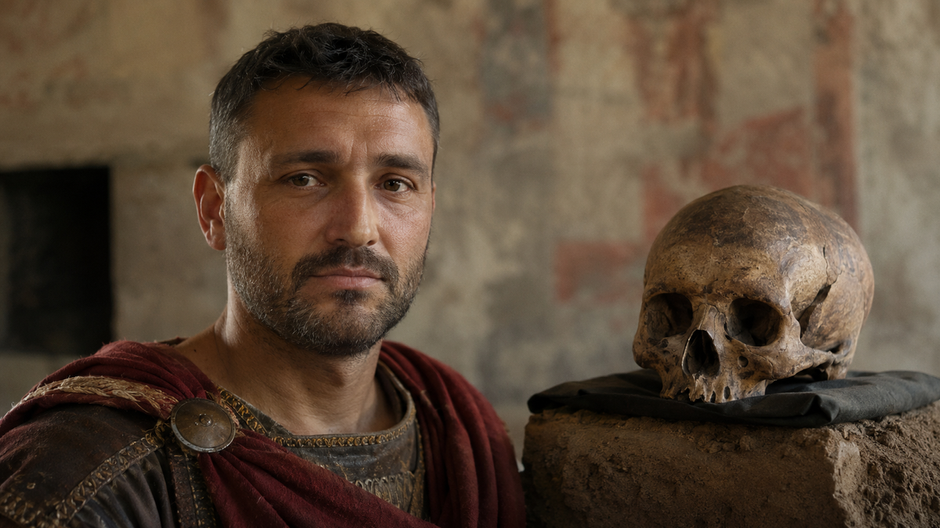 Fotorealistická rekonštrukcia tváre muža z rímskej provincie Panónia vytvorená podľa archeologicky objavenej lebky.