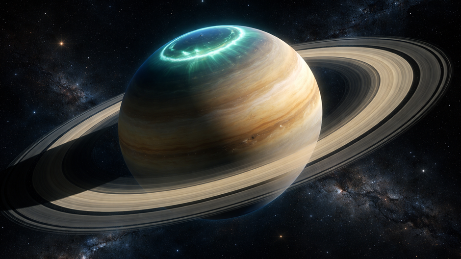 Fotorealistický Saturn s jasnou polárnou žiarou nad severným pólom a detailne osvetlenými prstencami v tmavom vesmíre.