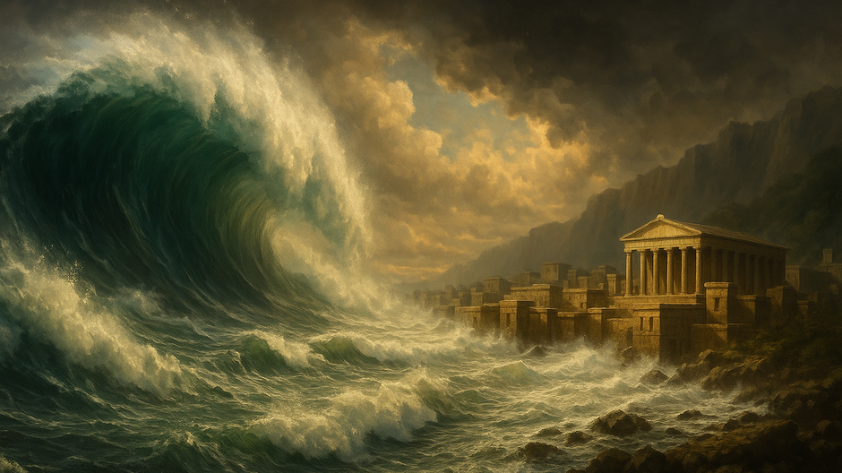 Obrovská tsunami vlna sa rúti na staroveké pobrežné mesto s chrámom a kamennými budovami, pri dramatickom svetle a temných búrkových oblakoch v pozadí.