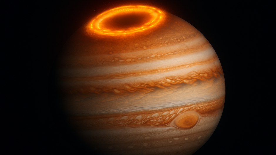 Detailný záber Jupitera so žiarivou polárnou žiarou na severnom póle, zachytený vesmírnym teleskopom Jamesa Webba.