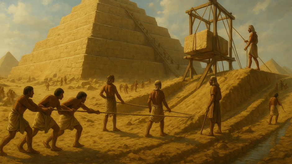 Západ slnka nad stupňovitou Džoserovou pyramídou v Sakkáre, v popredí náznaky kanálov a starovekých vodných štruktúr.