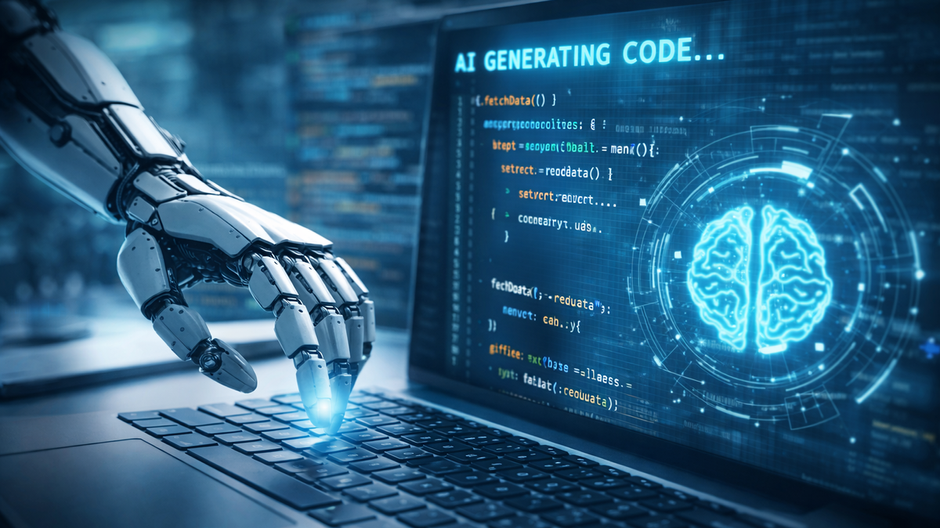 Umelá inteligencia generujúca programovací kód na obrazovke počítača namiesto človeka