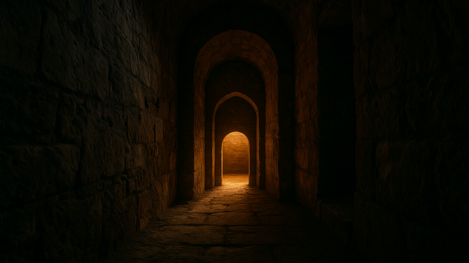 Tmavá kamenná chodba podzemia s teplým svetlom prenikajúcim cez oblúkový vstup, pôsobiaca mysticky a symbolicky.