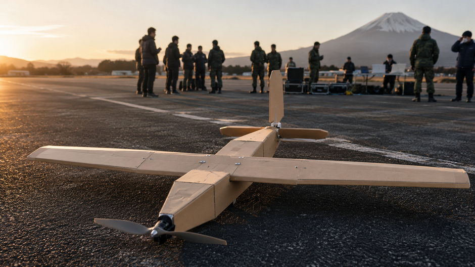 Kartónový pevný dron na vojenskej testovacej dráhe v Japonsku počas ranného svetla.