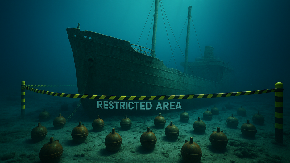 Podvodný záber vraku lode SS Richard Montgomery obklopenej mínami a ohraničenej páskou s nápisom Restricted Area v Temži pri Anglicku.