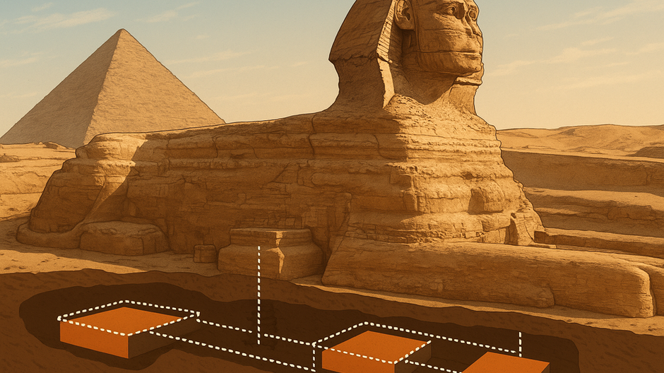 Veľká sfinga v Gíze so znázornenými podzemnými komorami a chodbami, ktoré môžu súvisieť s dávnou stratou civilizáciou.
