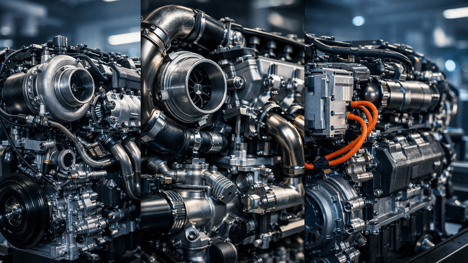 Detailný fotorealistický záber hybridného benzínového motora s turbom, vysokokompresným blokom a integrovaným elektrickým modulom na testovacom stojane v modernom automobilovom laboratóriu s jemným modrým osvetlením.