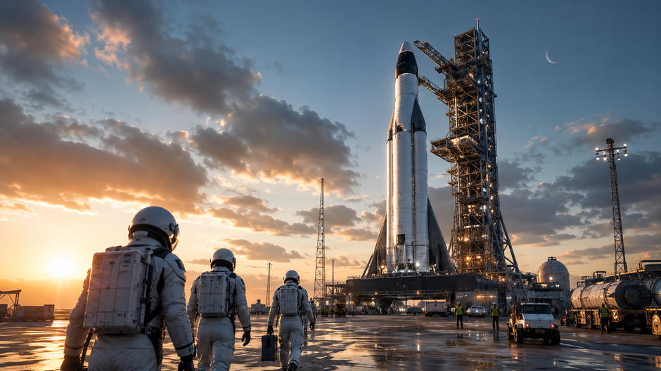 Raketa programu Artemis pripravená na štart počas východu slnka s astronautmi v popredí.