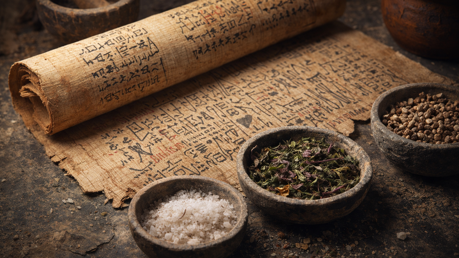 Staroveký egyptský papyrus s receptom na zubnú pastu a misky s drvenými bylinami a soľou