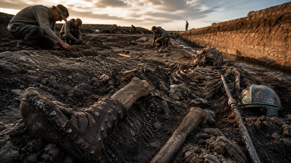 Archeologický výskum rímskeho vojenského tábora pri Šuranoch s odkrytými pozostatkami rímskeho vojaka.