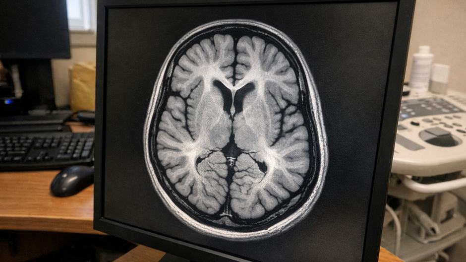 Vysokorozlišovacia klinická MRI snímka ľudského mozgu zobrazujúca detailnú štruktúru šedej a bielej hmoty s výrazným anatomickým kontrastom na tmavom radiologickom pozadí.