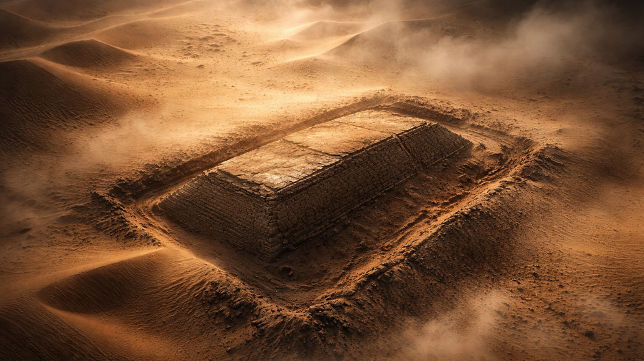 Letecký pohľad na netradičnú staroegyptskú pyramídu faraóna Šepseskafa, čiastočne odkrytú z piesku v egyptskej púšti.