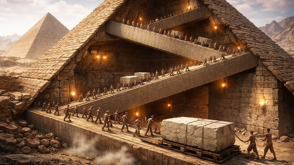 Rez egyptskou pyramídou zobrazujúci vnútorné rampy použité pri jej stavbe