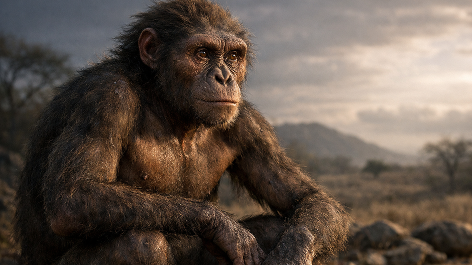 otorealistická rekonštrukcia raného ľudského predka s dlhými opičími pažami a kompaktnou postavou v pravekom prostredí, nasvietená dramatickým prirodzeným svetlom