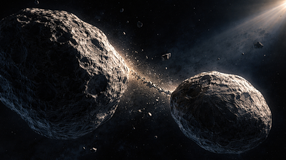 Fotorealistická vesmírna scéna dvojitého asteroidového systému Didymos a Dimorphos v hlbokom čiernom priestore