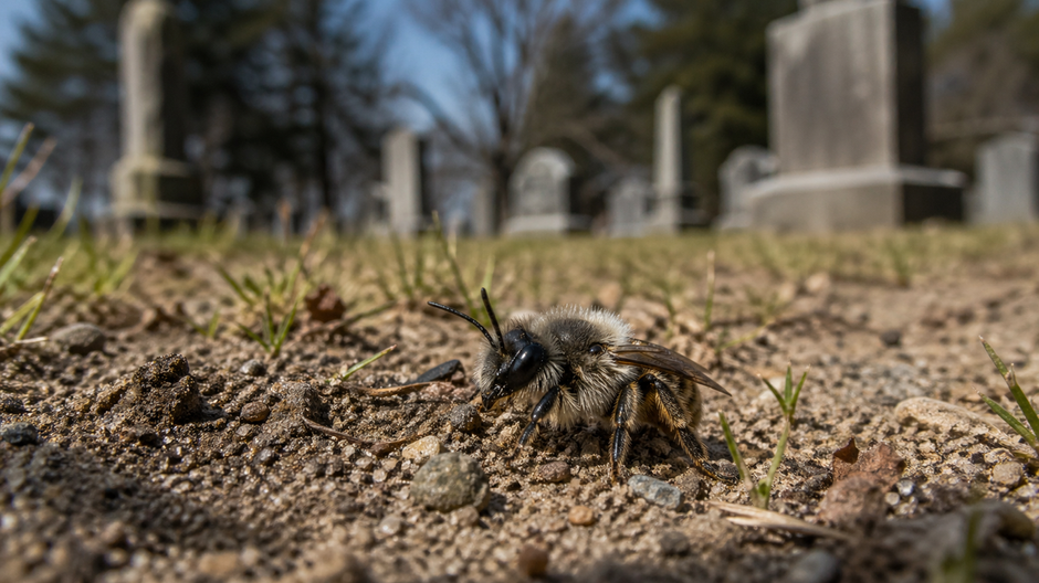 Samotárska podzemná včela Andrena regularis vychádza z pôdy na starom cintoríne v štáte New York.