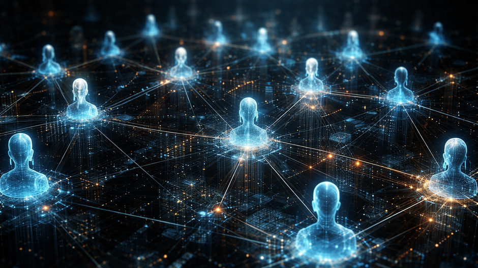 Fotorealistická vizualizácia futuristickej digitálnej siete tvorená výhradne AI agentmi, abstraktné profilové ikony prepojené žiariacimi dátovými líniami v tmavom kybernetickom prostredí bez prítomnosti ľudí.