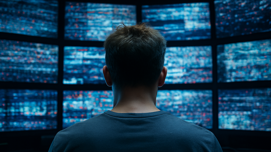 Fotorealistický záber muža pri stole, ktorý sleduje sociálne siete na viacerých obrazovkách v tmavej miestnosti osvetlenej len modrastým svetlom monitorov.