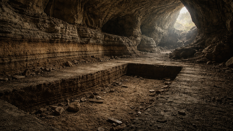 Vnútro pravekej jaskyne s odkrytými sedimentmi a stopami osídlenia